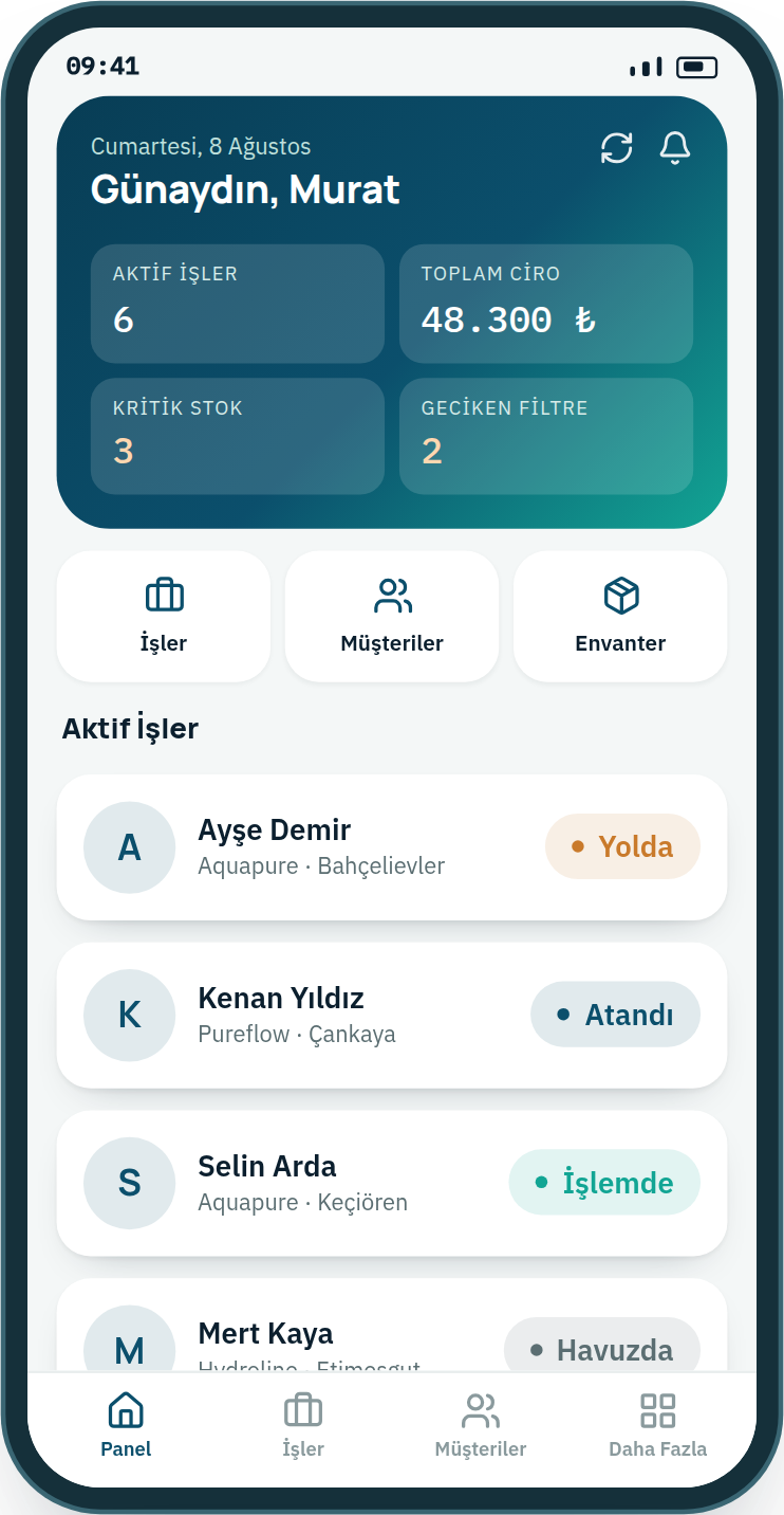 Seryon mobil uygulaması — teknisyen paneli