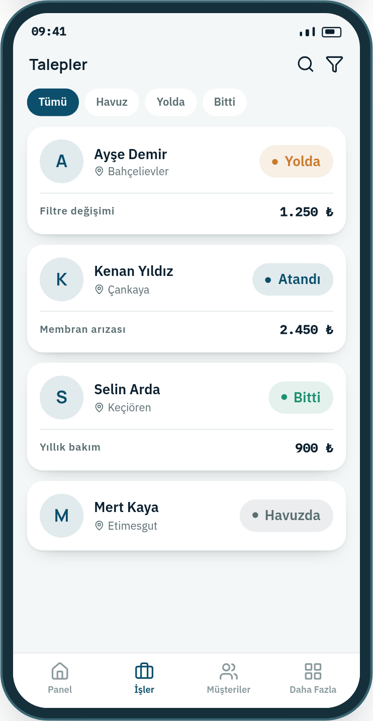 Seryon mobil uygulaması — talep listesi